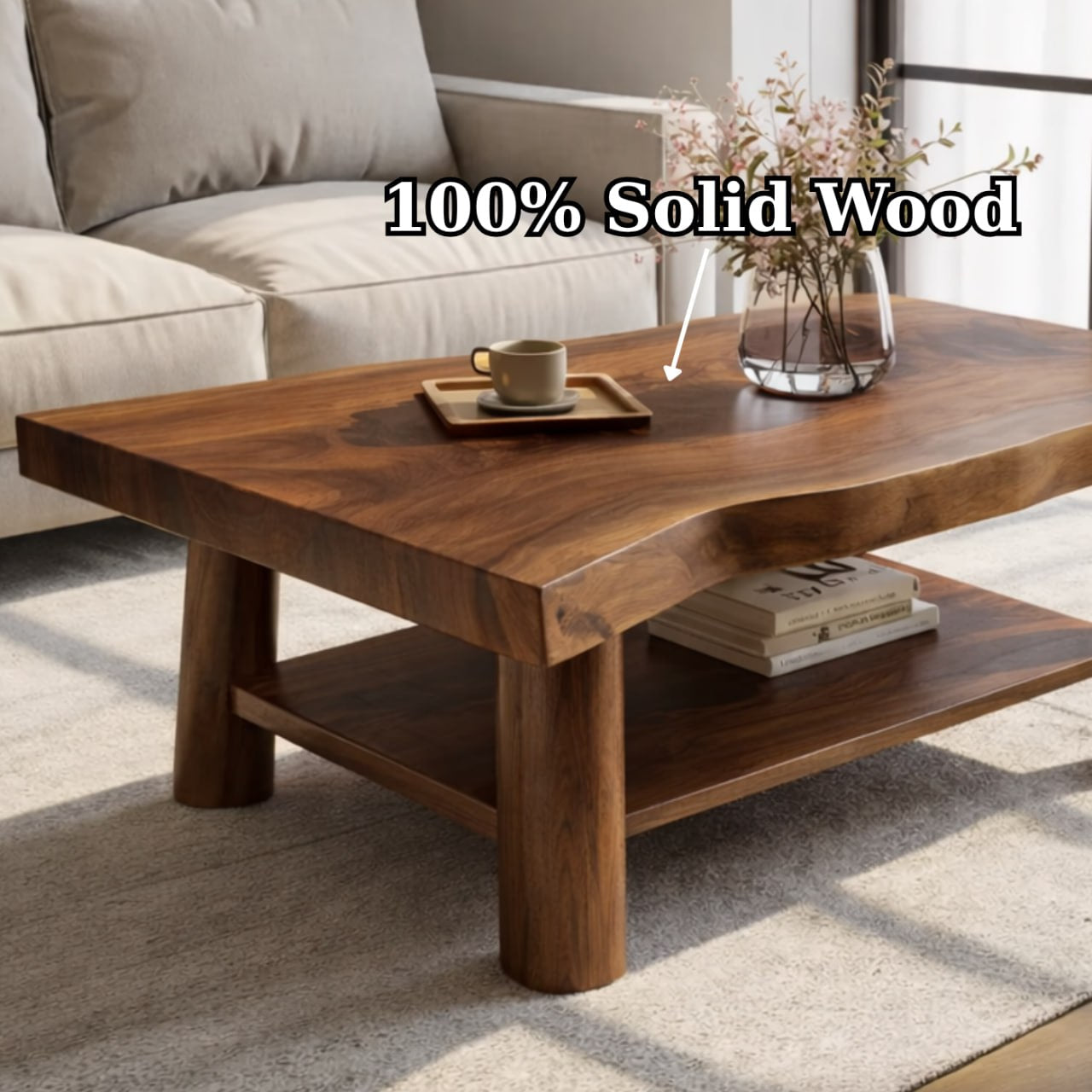 Solid Wood Coffee Table with Lower Shelf and Curved Edge Top Design