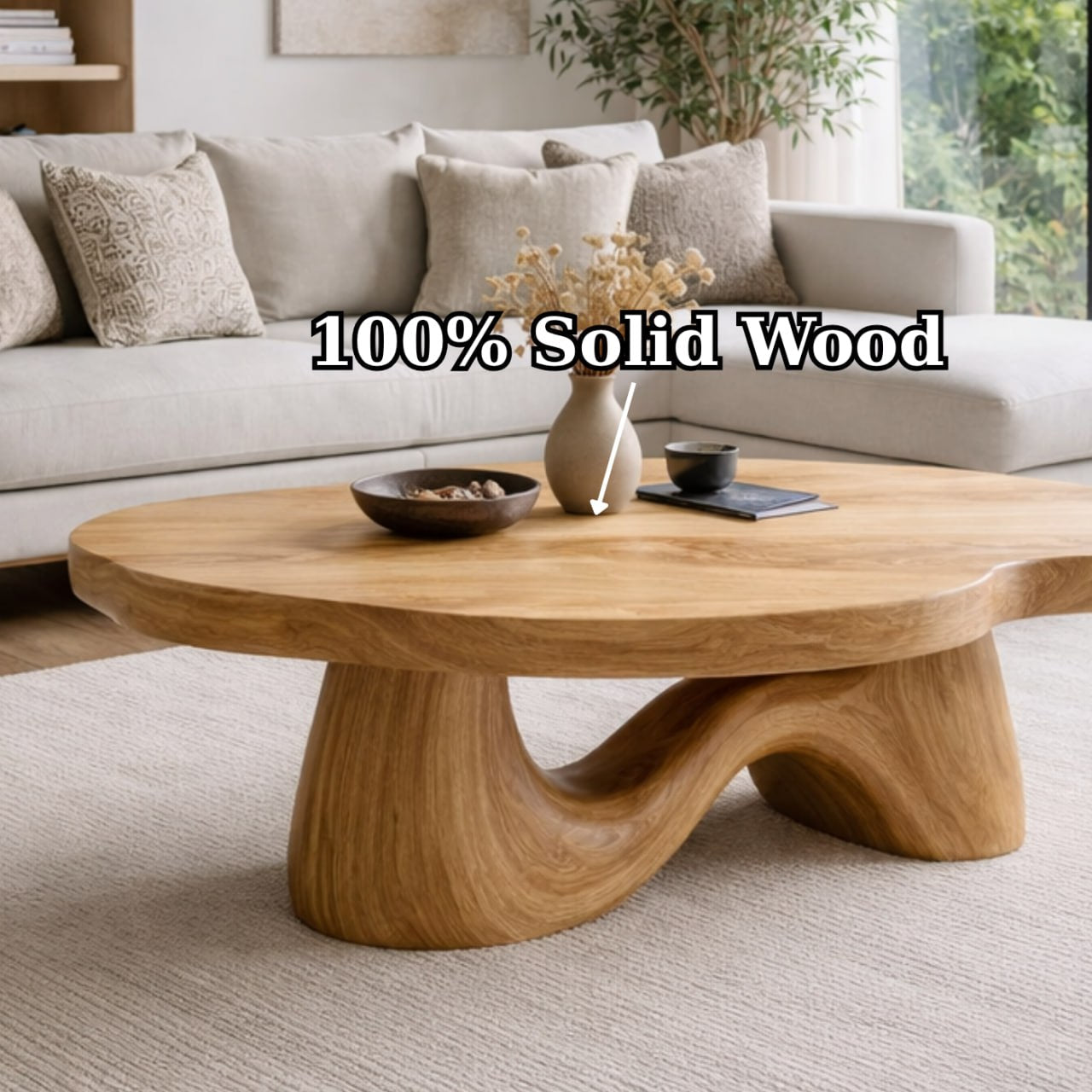 Solid Wood Coffee Table with Sculptural Wave Base and Organic Curved Design