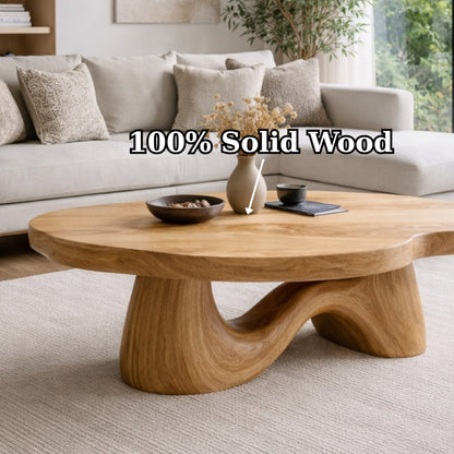 Solid Wood Coffee Table with Sculptural Wave Base and Organic Curved Design