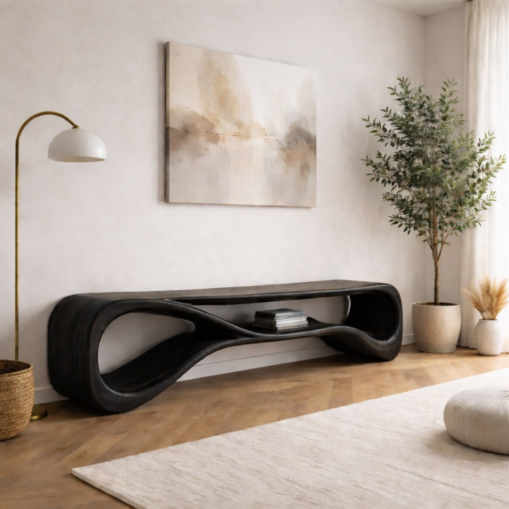 Solid Wood Entryway Bench with Sculptural Wave Design and Open Shelf Storage