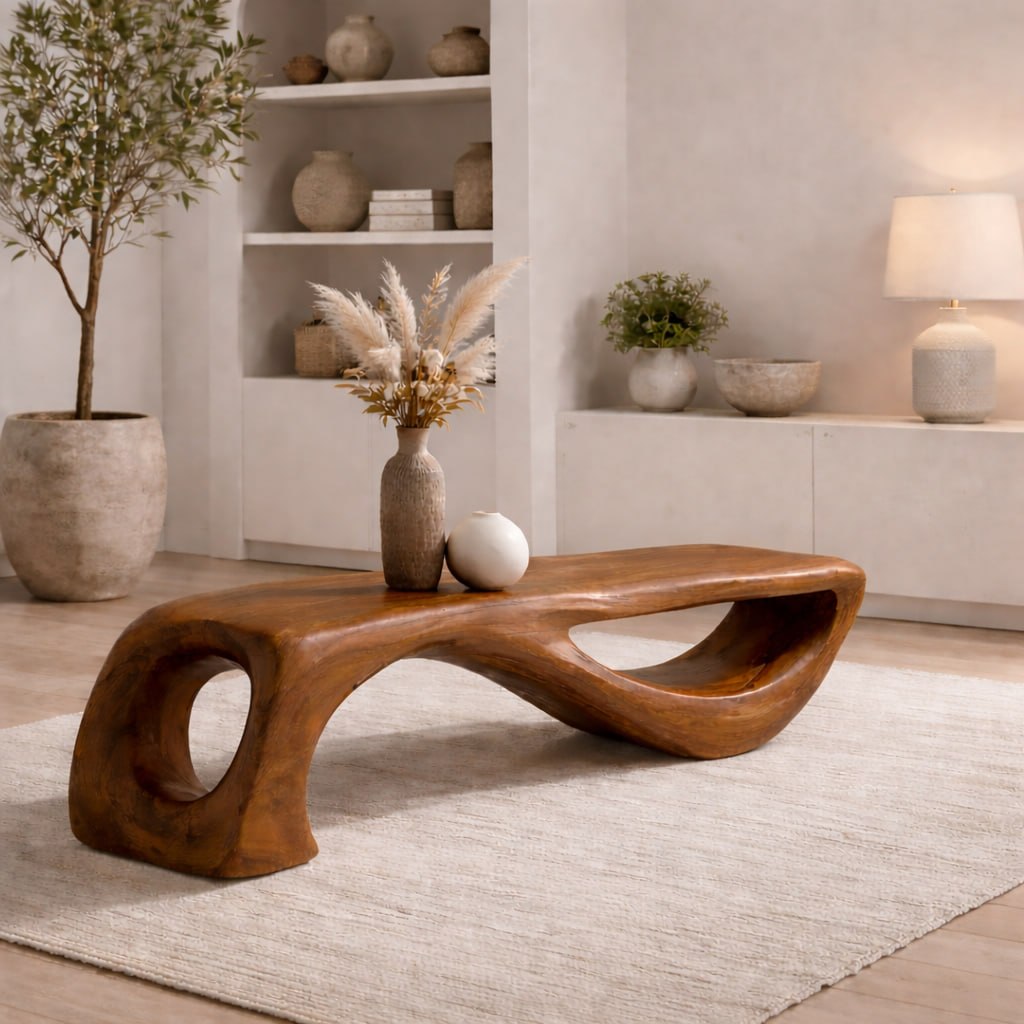 Solid Wood Sculptural Bench with Organic Curved Base and Hand-Carved Flowing Design