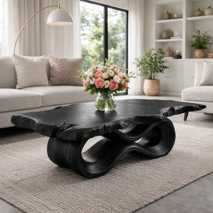 Solid Wood Live Edge Coffee Table with Sculptural Wave Base and Organic Design