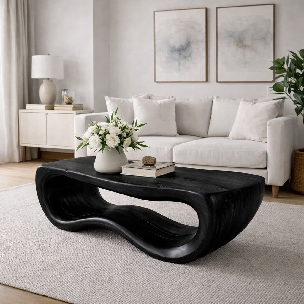 Solid Wood Coffee Table with Sculptural Wave Base and Organic Hand-Carved Design