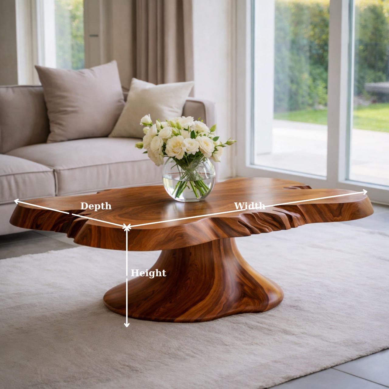 Solid Wood Live Edge Coffee Table with Sculptural Pedestal Base and Organic Form