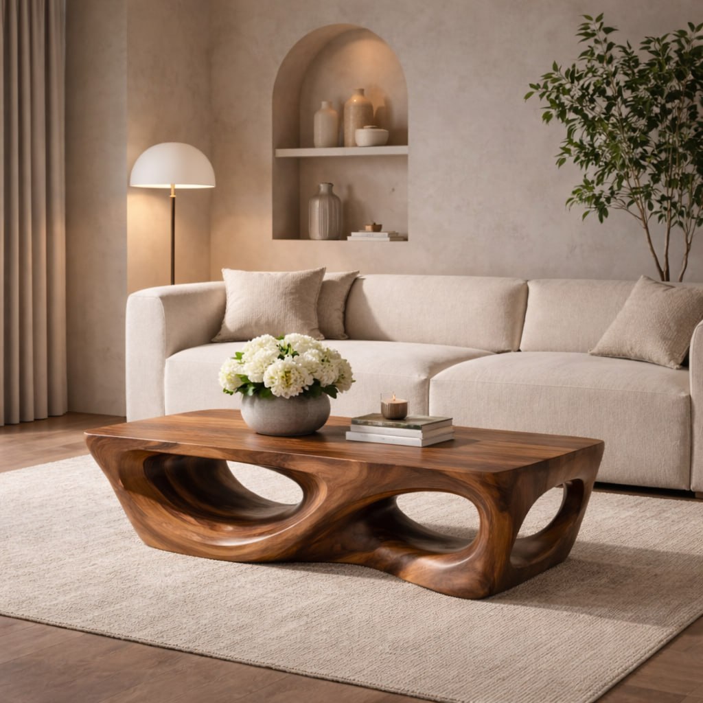 Solid Wood Coffee Table with Sculptural Hollow Base and Organic Curved Design