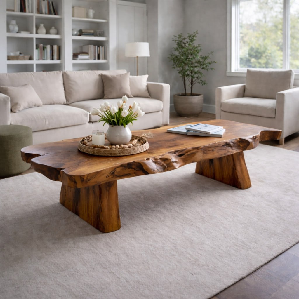 Solid Wood Live Edge Coffee Table with Rustic Slab Top and Thick Block Legs