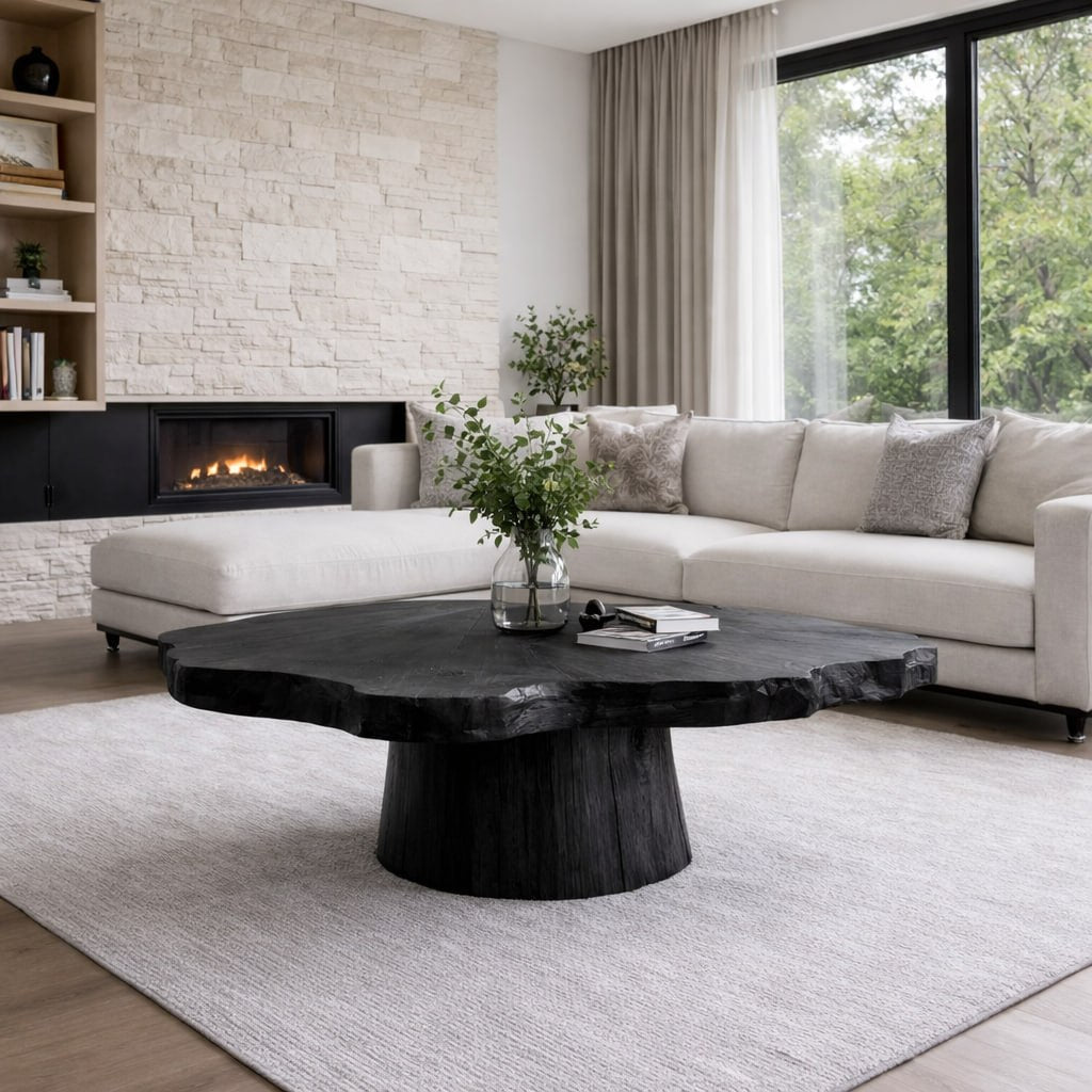 Solid Wood Live Edge Coffee Table with Round Pedestal Base and Natural Grain