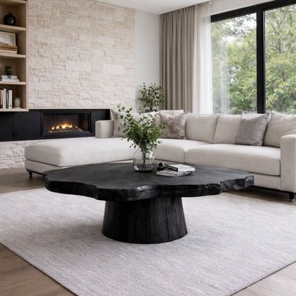 Solid Wood Live Edge Coffee Table with Round Pedestal Base and Natural Grain