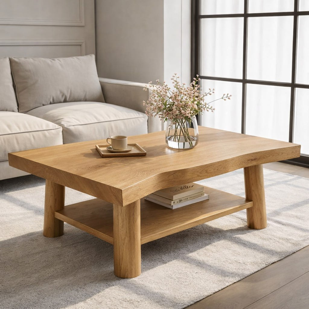 Solid Wood Coffee Table with Lower Shelf and Curved Edge Top Design