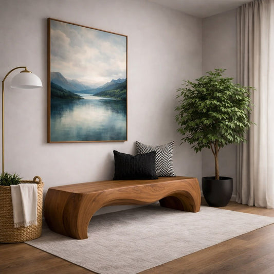 Solid Wood Entryway Bench with Smooth Curved Base and Minimal Organic Design