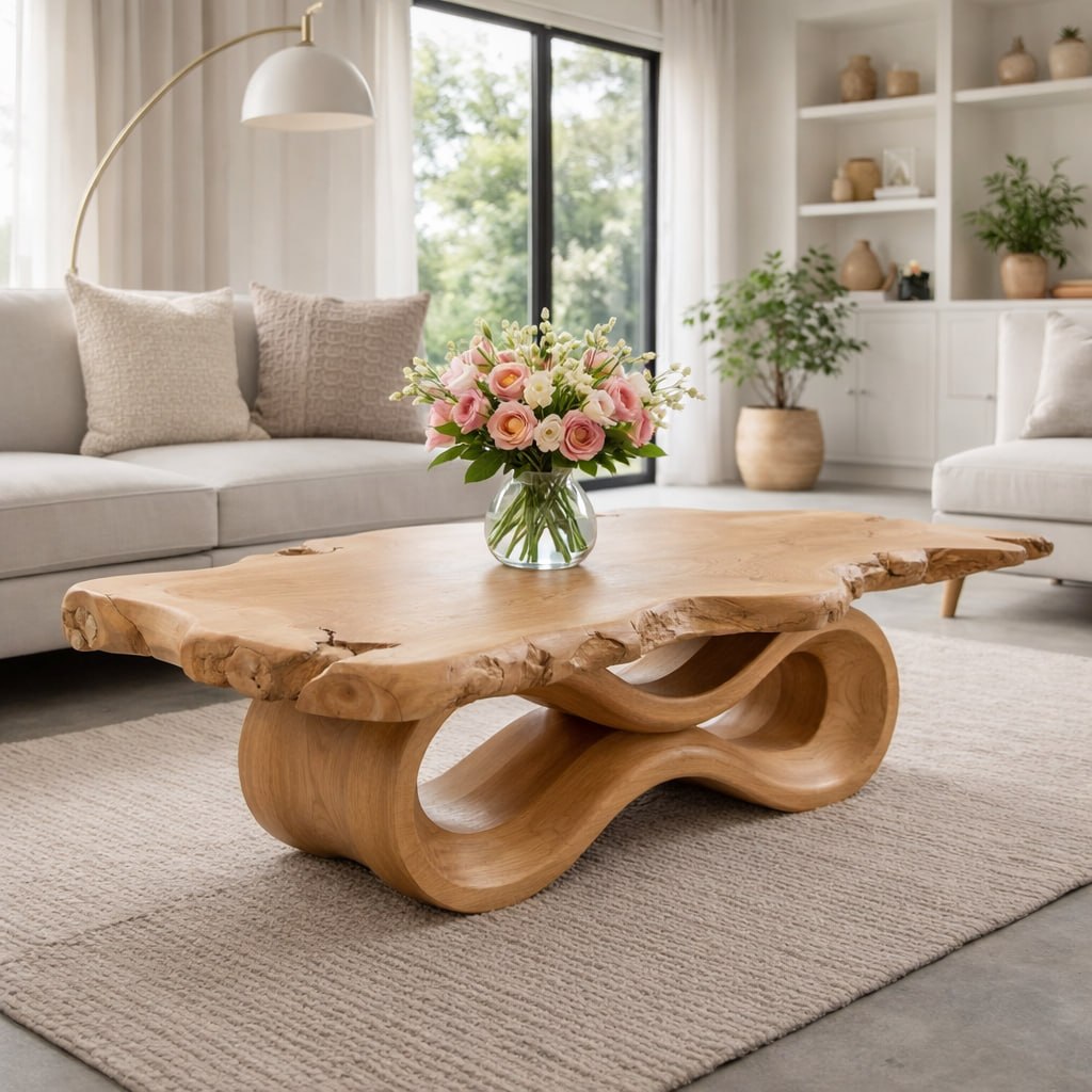 Solid Wood Live Edge Coffee Table with Sculptural Wave Base and Organic Design