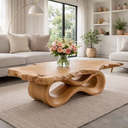 Solid Wood Live Edge Coffee Table with Sculptural Wave Base and Organic Design