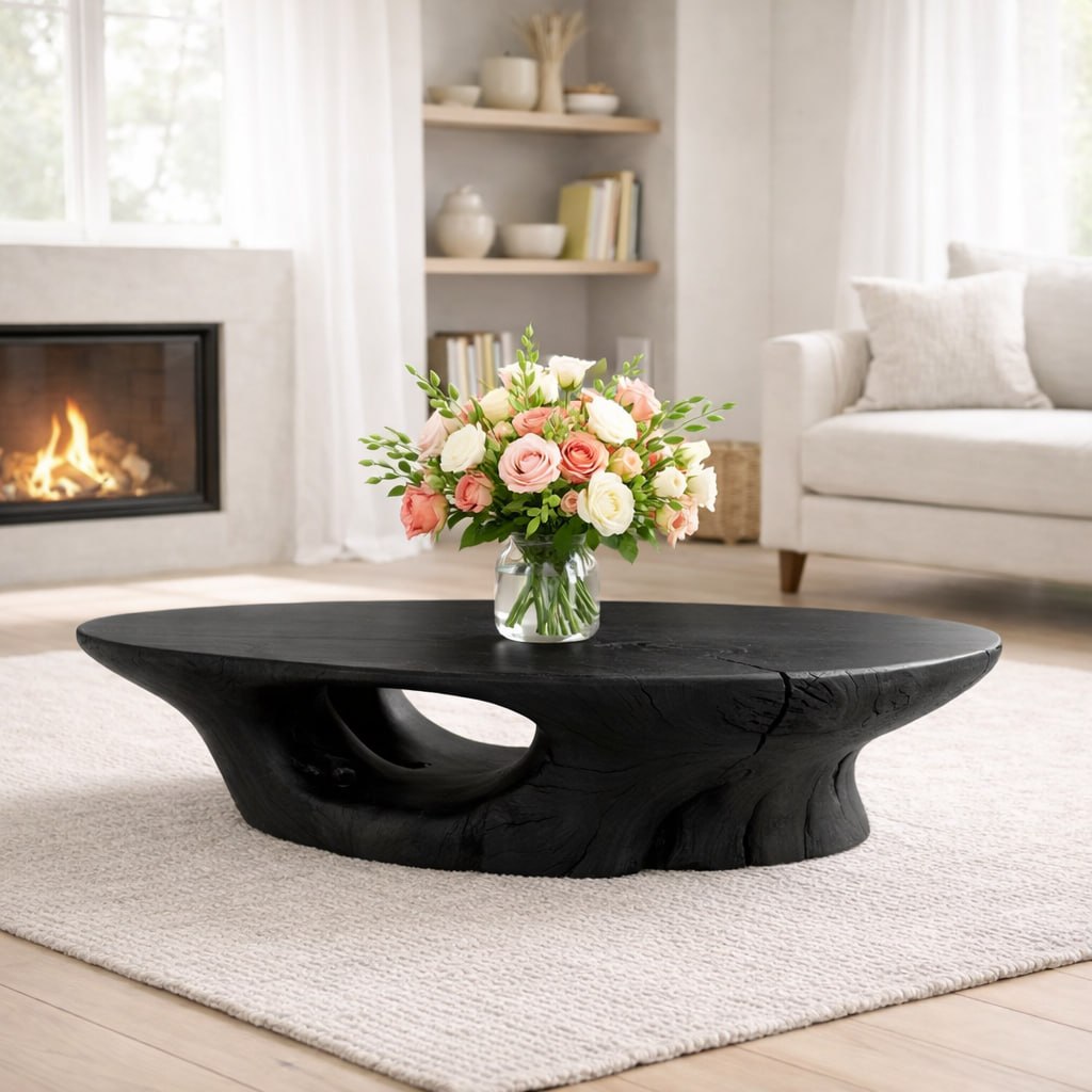 Solid Wood Coffee Table with Organic Sculpted Base and Natural Rustic Form