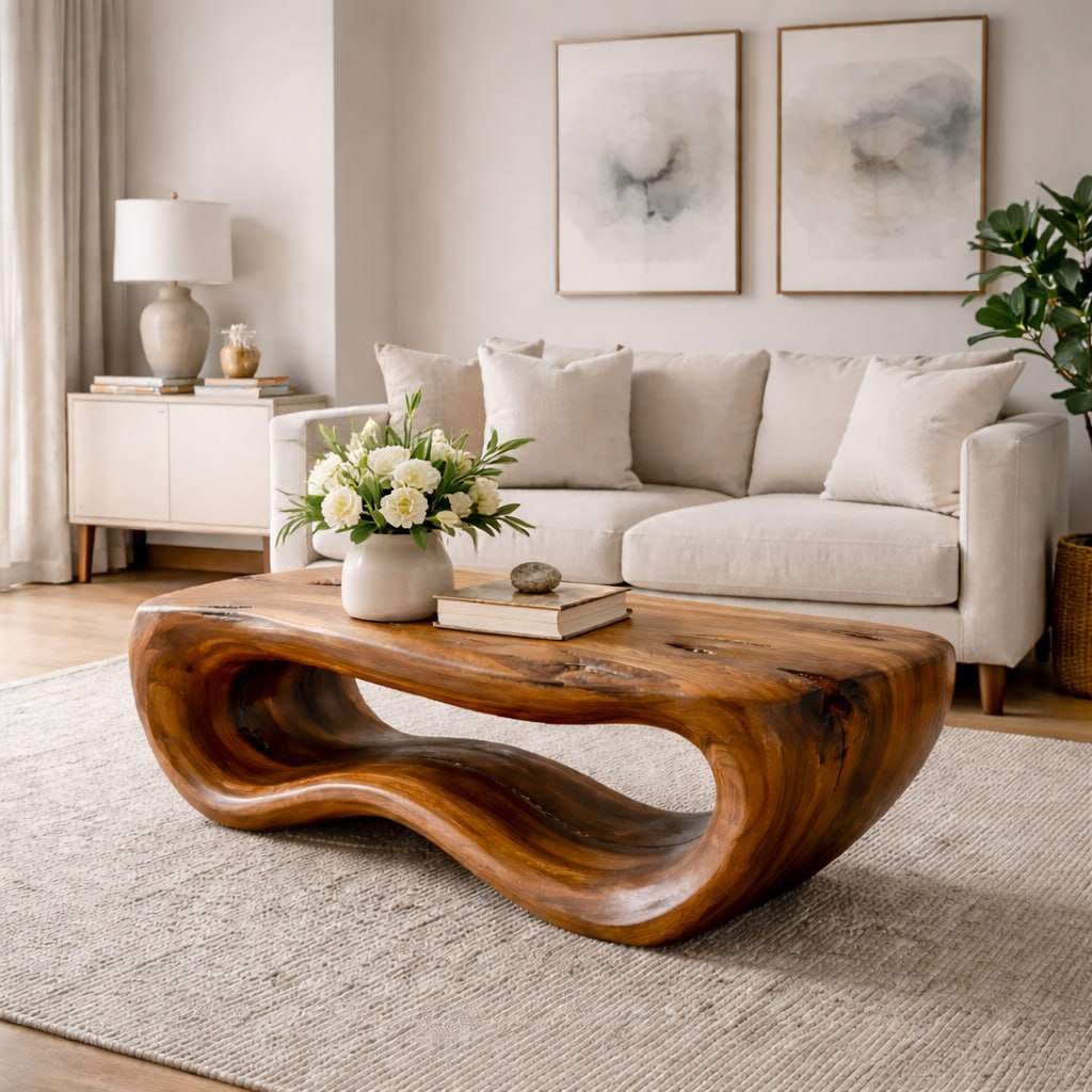 Solid Wood Coffee Table with Sculptural Wave Base and Organic Hand-Carved Design