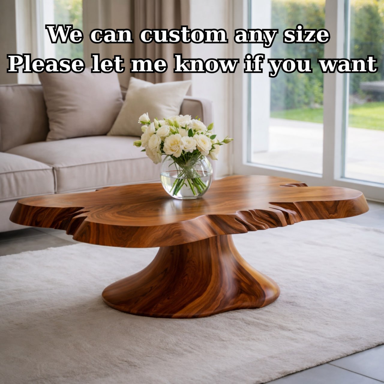 Solid Wood Live Edge Coffee Table with Sculptural Pedestal Base and Organic Form