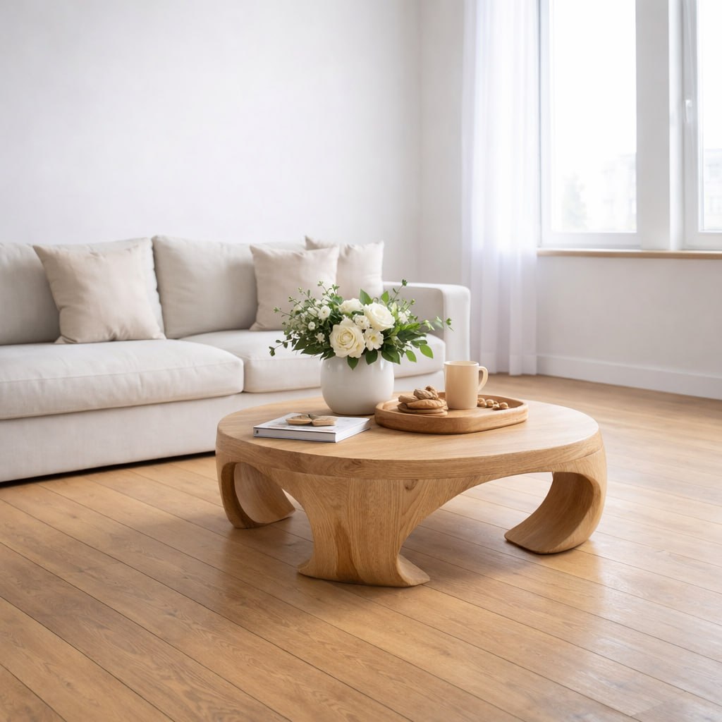 Solid Wood Round Coffee Table with Sculptural Curved Base and Organic Design