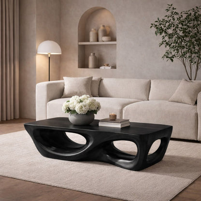Solid Wood Coffee Table with Sculptural Hollow Base and Organic Curved Design