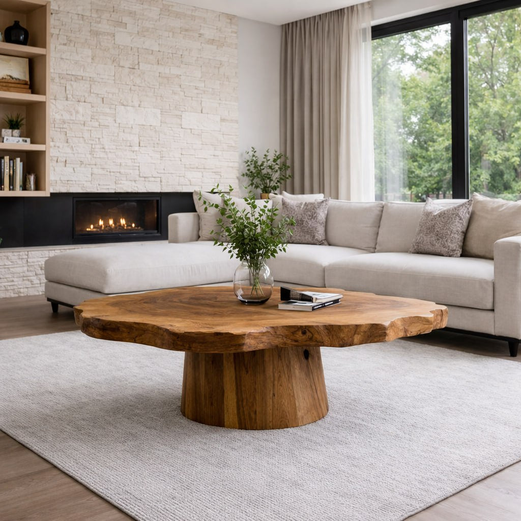 Solid Wood Live Edge Coffee Table with Round Pedestal Base and Natural Grain