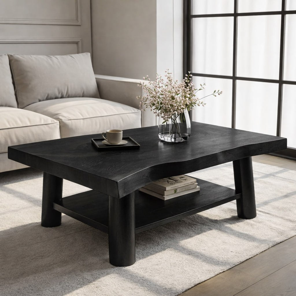 Solid Wood Coffee Table with Lower Shelf and Curved Edge Top Design