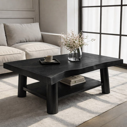 Solid Wood Coffee Table with Lower Shelf and Curved Edge Top Design