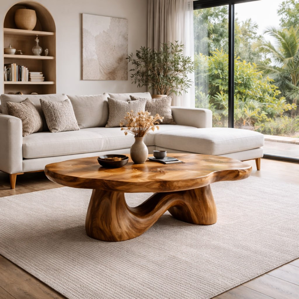 Solid Wood Coffee Table with Sculptural Wave Base and Organic Curved Design