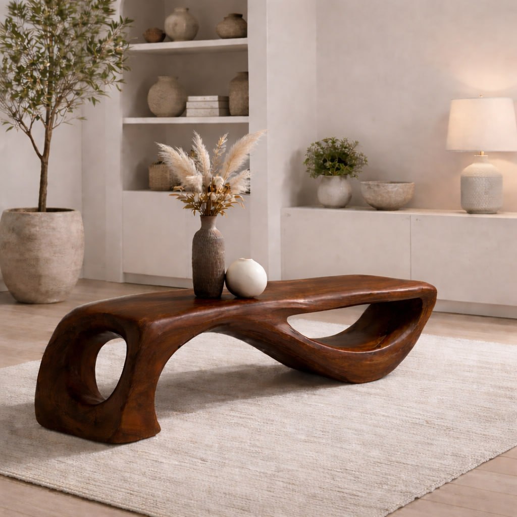 Solid Wood Sculptural Bench with Organic Curved Base and Hand-Carved Flowing Design