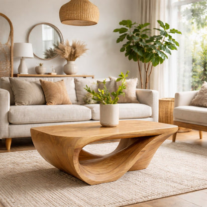 Solid Wood Coffee Table with Sculptural Organic Base and Hand-Carved Curved Design