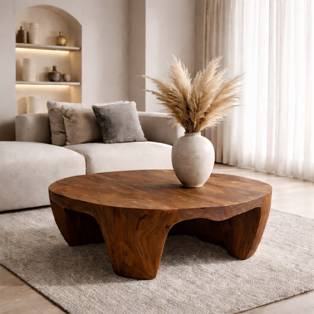 Solid Wood Round Coffee Table with Sculptural Base and Organic Carved Design