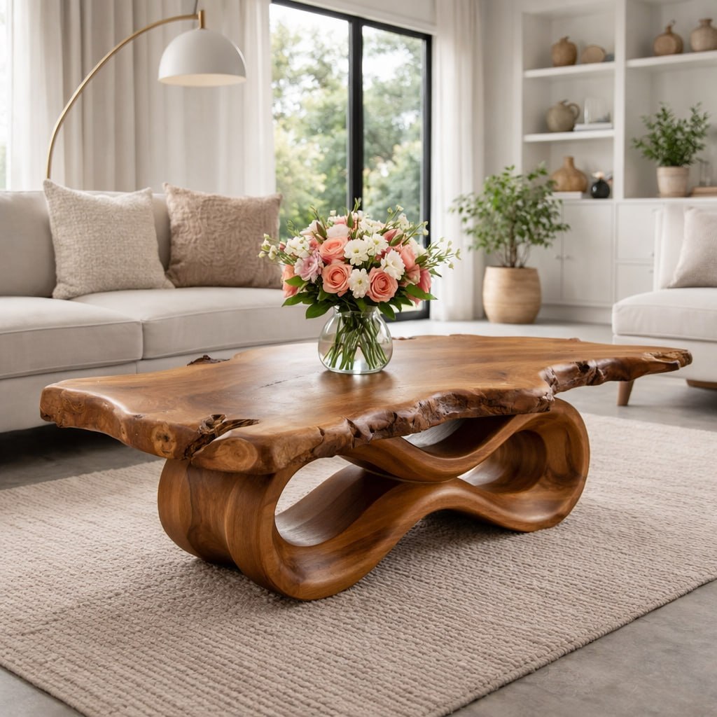 Solid Wood Live Edge Coffee Table with Sculptural Wave Base and Organic Design