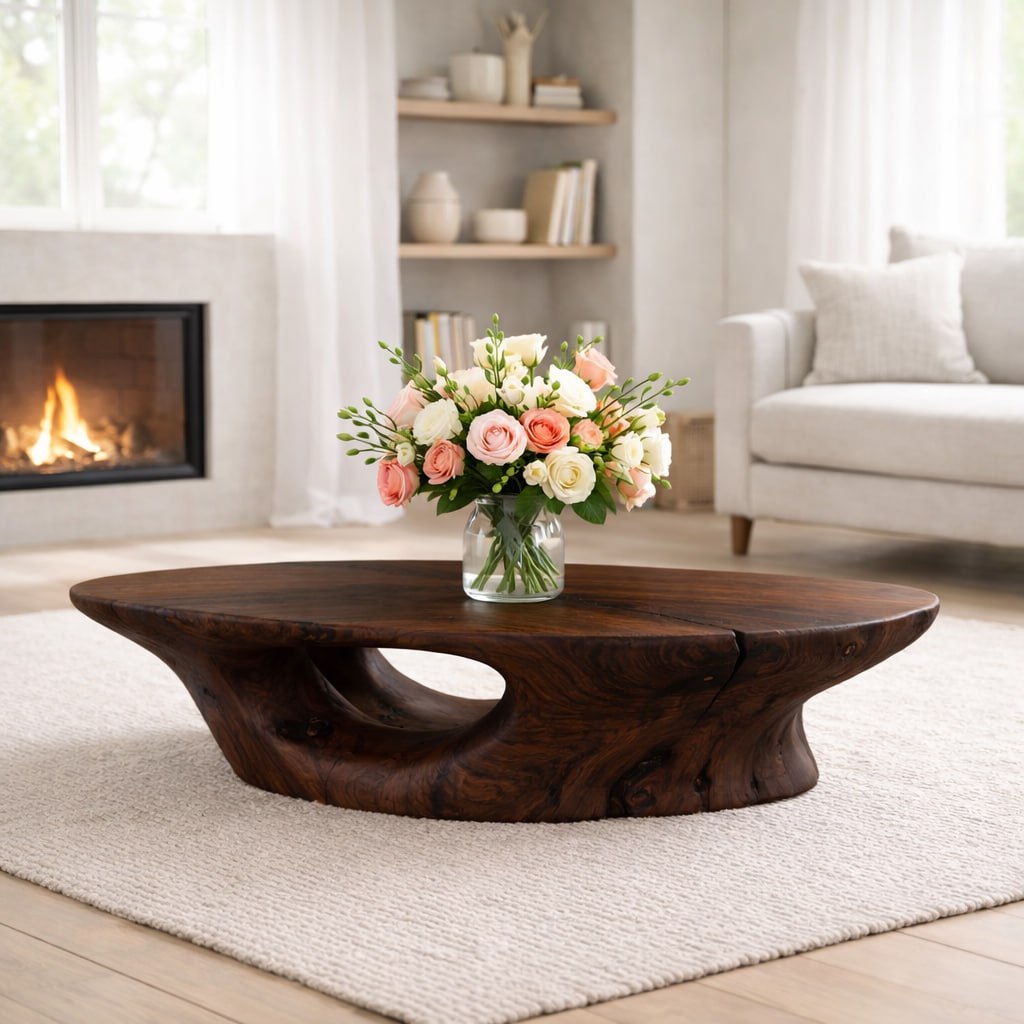 Solid Wood Coffee Table with Organic Sculpted Base and Natural Rustic Form