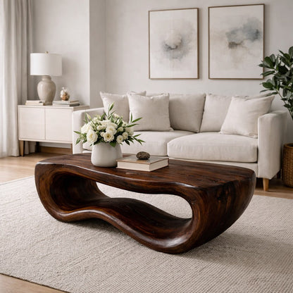 Solid Wood Coffee Table with Sculptural Wave Base and Organic Hand-Carved Design