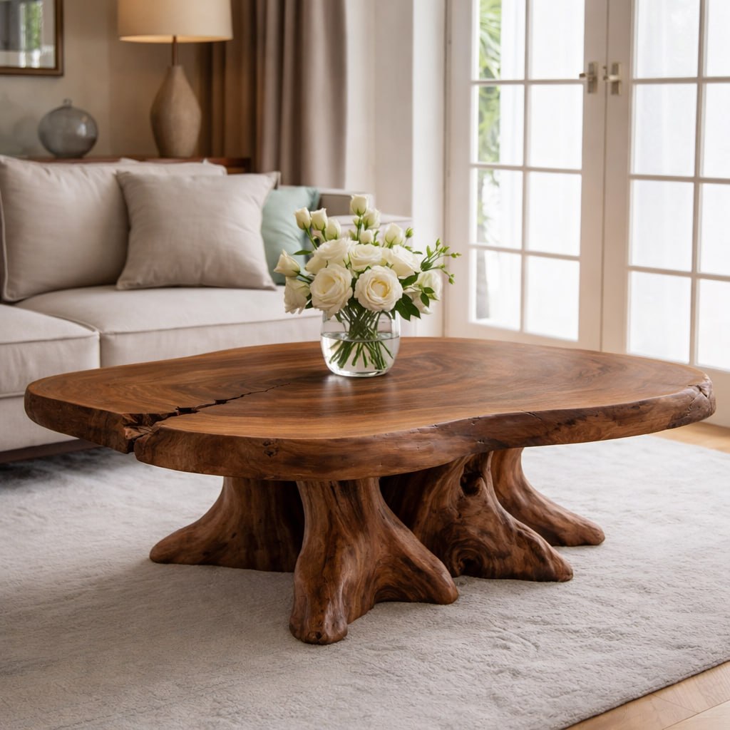 Solid Wood Live Edge Coffee Table with Tree Root Base and Natural Rustic Design