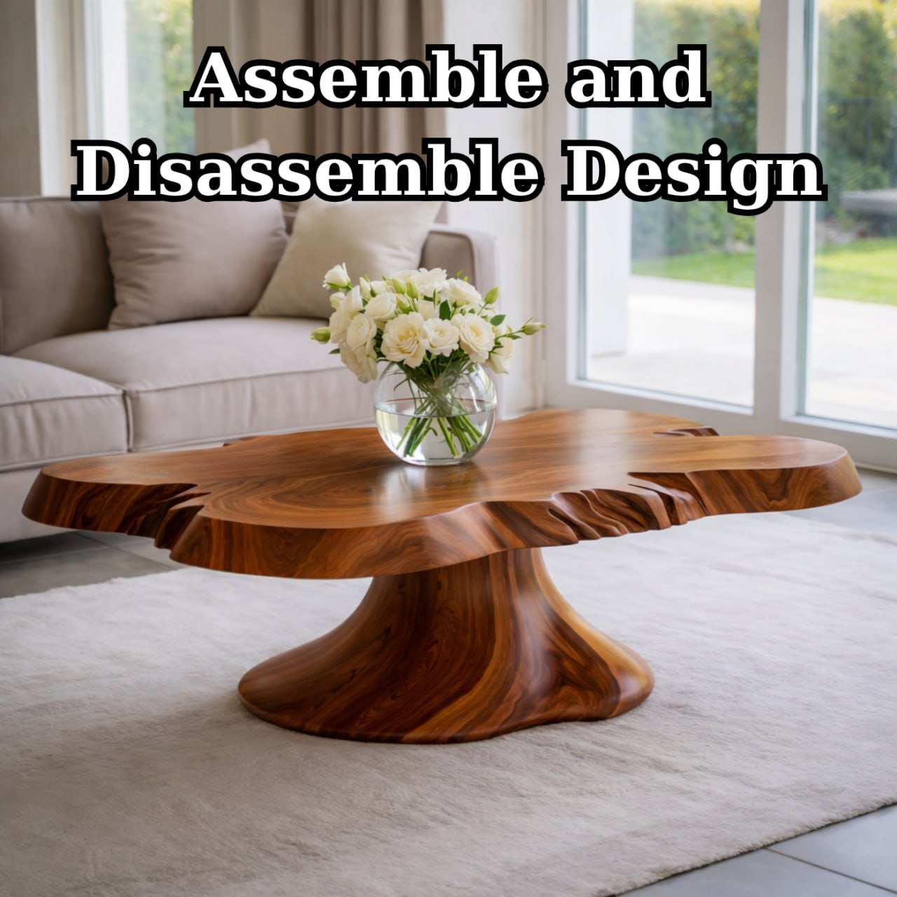 Solid Wood Live Edge Coffee Table with Sculptural Pedestal Base and Organic Form
