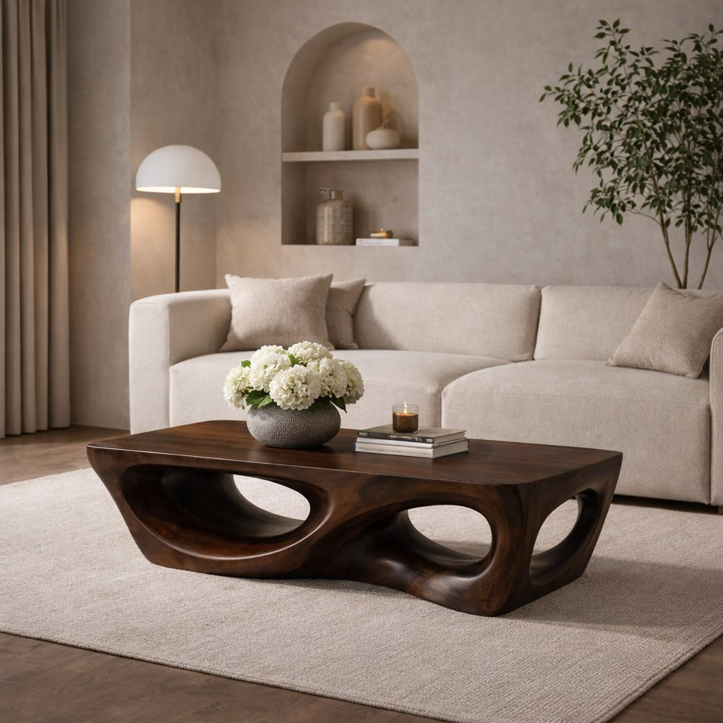 Solid Wood Coffee Table with Sculptural Hollow Base and Organic Curved Design