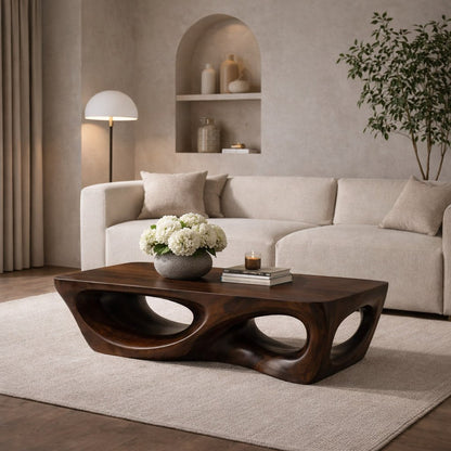 Solid Wood Coffee Table with Sculptural Hollow Base and Organic Curved Design