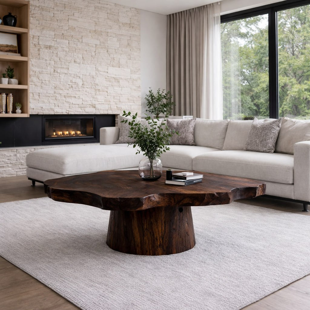 Solid Wood Live Edge Coffee Table with Round Pedestal Base and Natural Grain