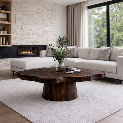 Solid Wood Live Edge Coffee Table with Round Pedestal Base and Natural Grain