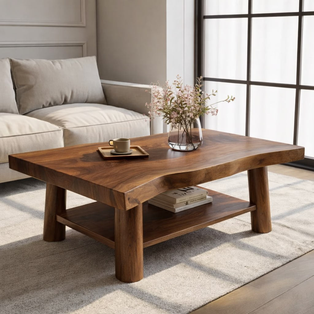Solid Wood Coffee Table with Lower Shelf and Curved Edge Top Design
