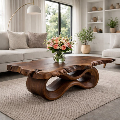 Solid Wood Live Edge Coffee Table with Sculptural Wave Base and Organic Design