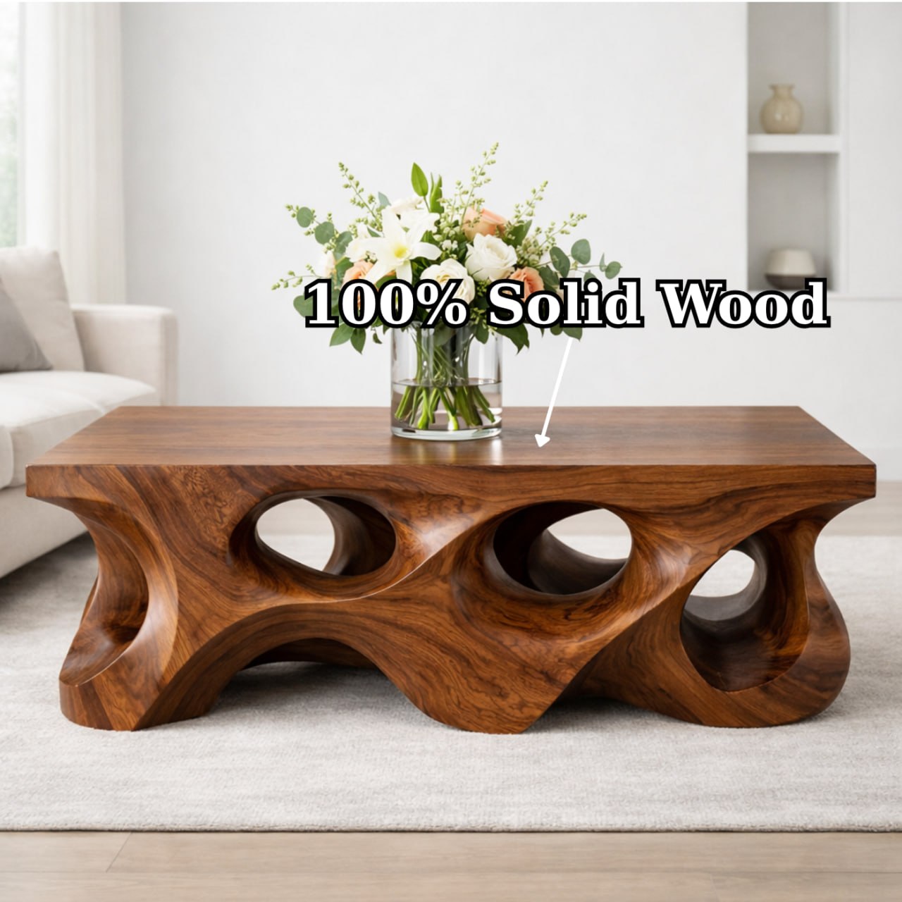 Solid Wood Coffee Table with Sculptural Hollow Base and Organic Carved Design