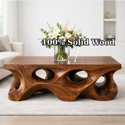 Solid Wood Coffee Table with Sculptural Hollow Base and Organic Carved Design