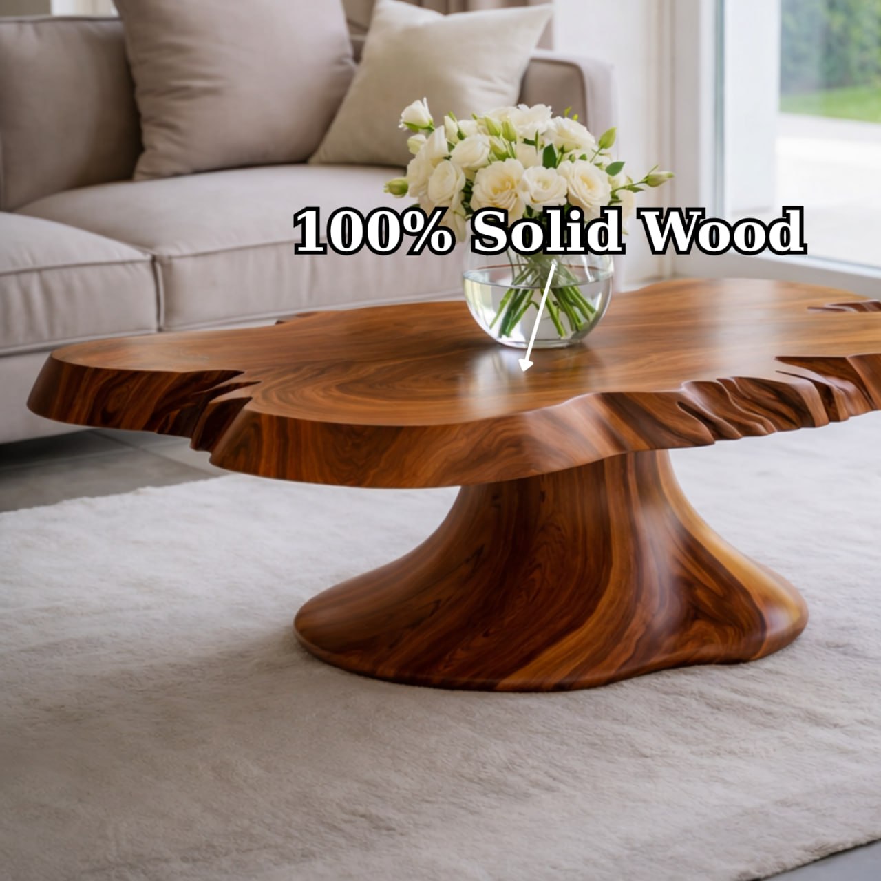 Solid Wood Live Edge Coffee Table with Sculptural Pedestal Base and Organic Form