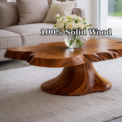 Solid Wood Live Edge Coffee Table with Sculptural Pedestal Base and Organic Form
