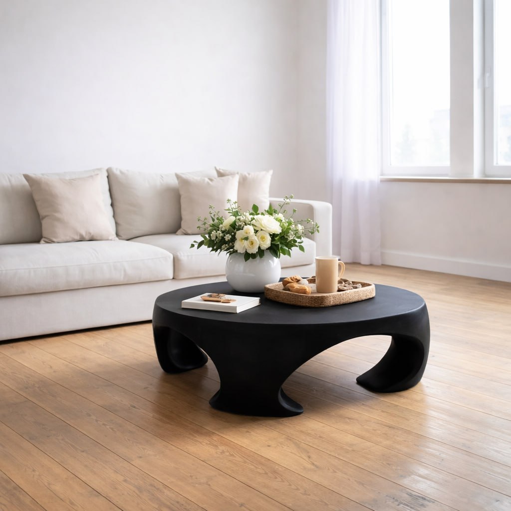 Solid Wood Round Coffee Table with Sculptural Curved Base and Organic Design