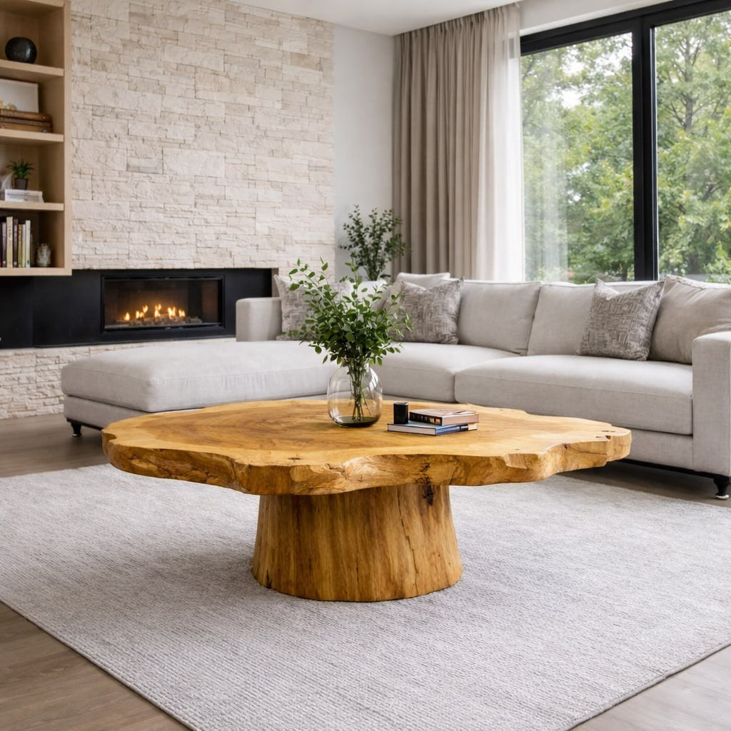 Solid Wood Live Edge Coffee Table with Round Pedestal Base and Natural Grain