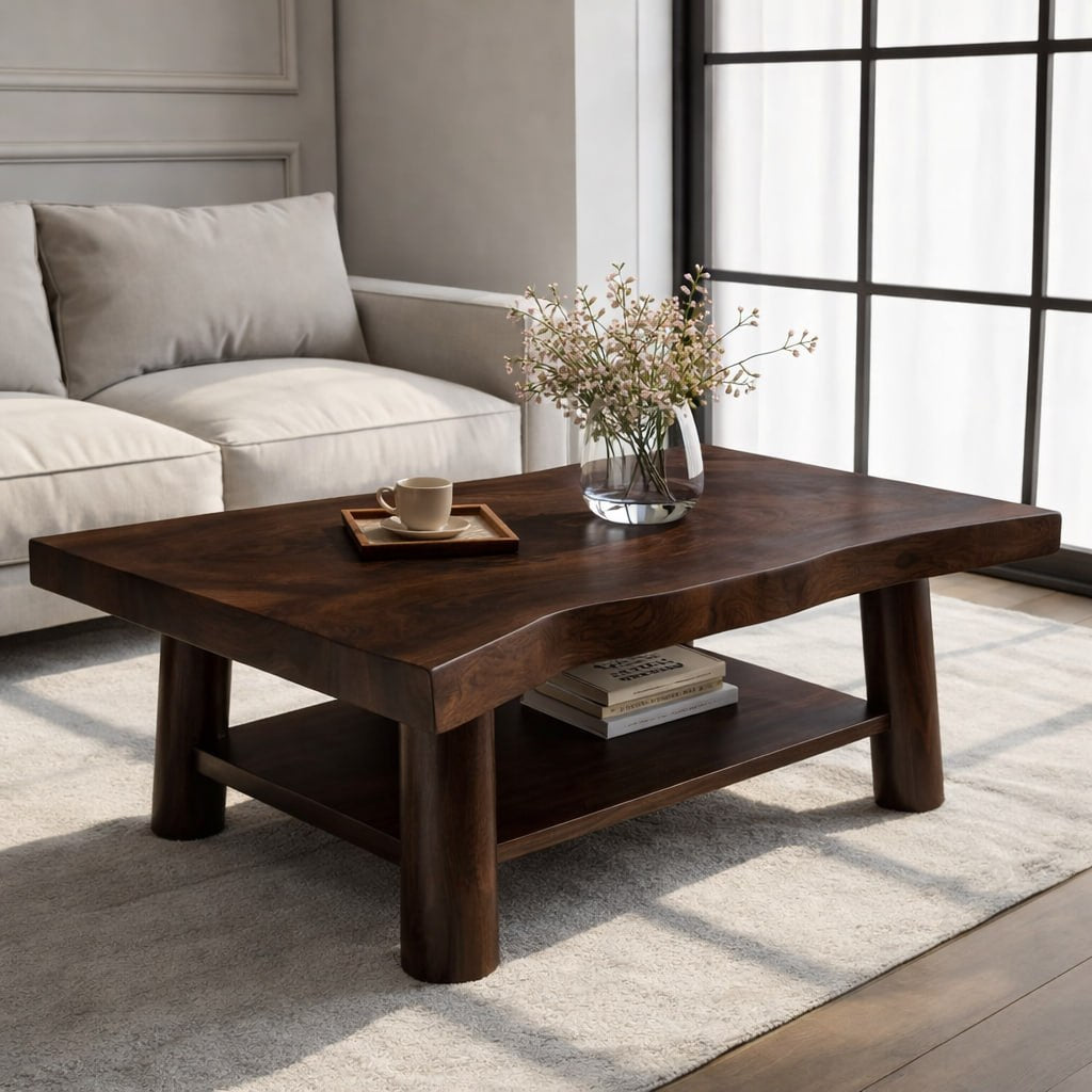 Solid Wood Coffee Table with Lower Shelf and Curved Edge Top Design