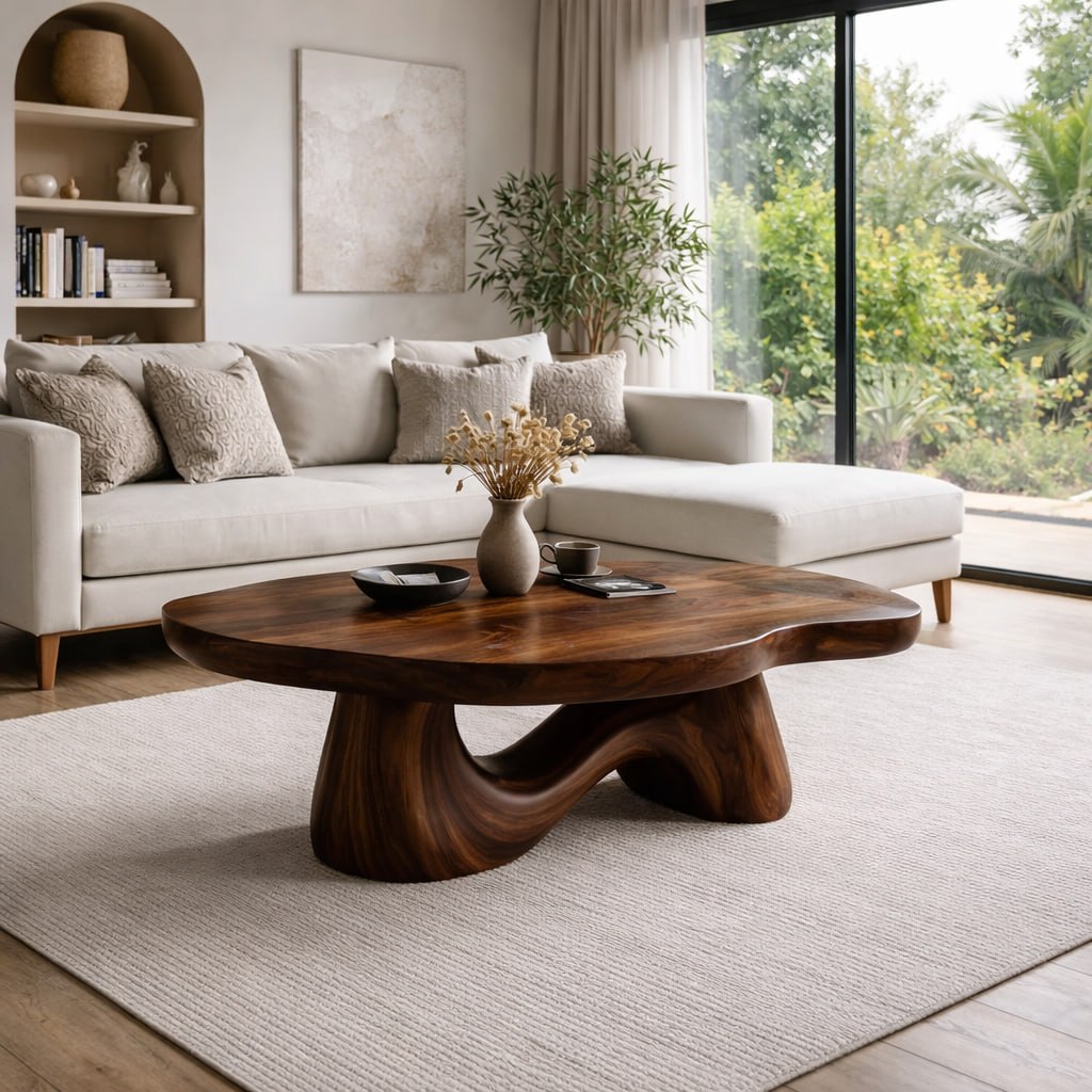 Solid Wood Coffee Table with Sculptural Wave Base and Organic Curved Design
