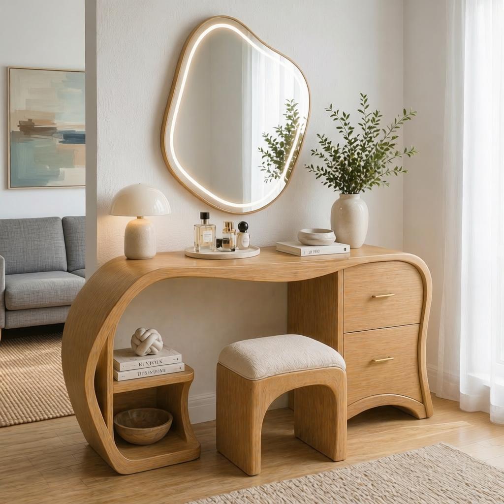 Solid Wood Makeup Vanity Desk with Curved Design and 2 Drawers