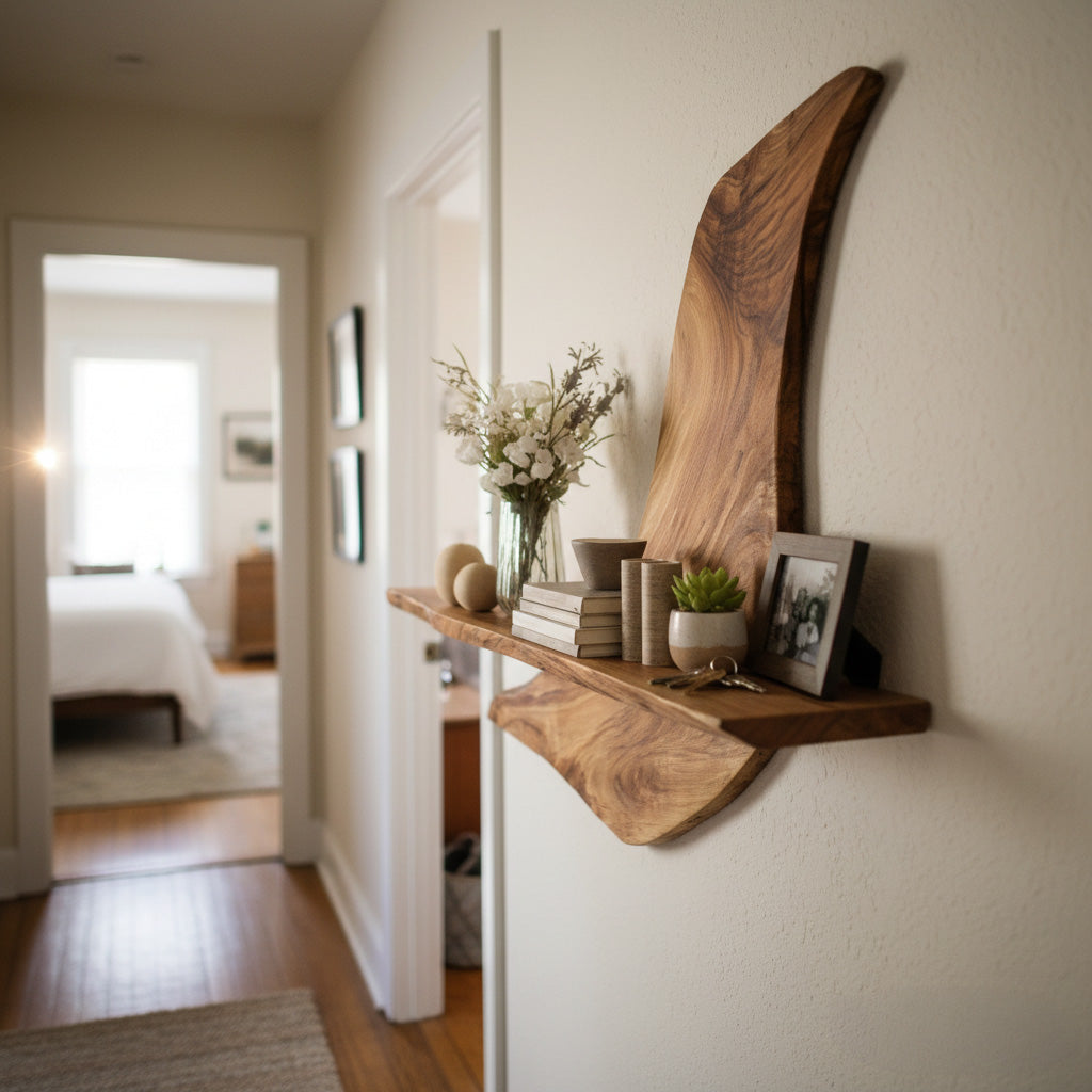 Asymmetrical Wall-Mounted Shelf in Natural Wood with Sculptural Form