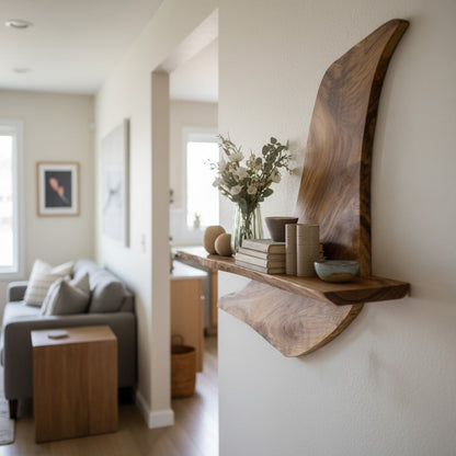 Asymmetrical Wall-Mounted Shelf in Natural Wood with Sculptural Form